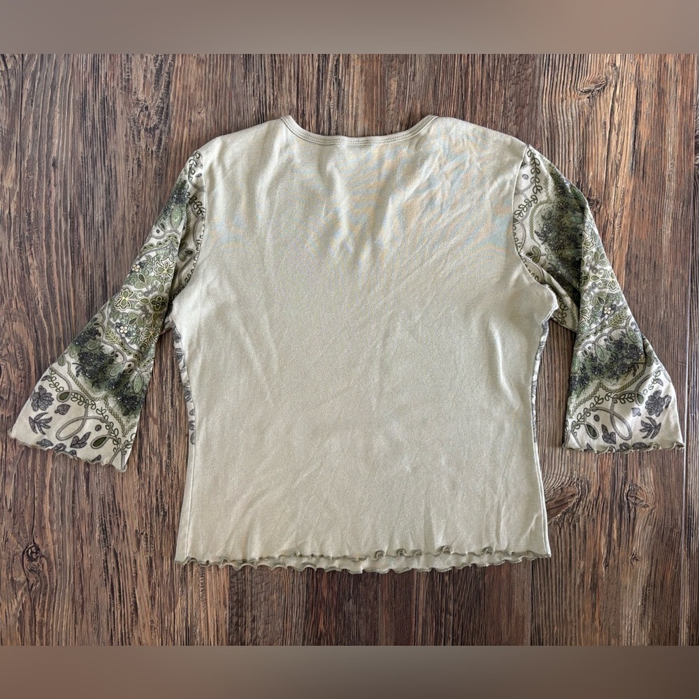 Vtg Tangents 3/4 Sleeve Bohemian Shirt Green Floral No Size Fairy Whimsical Y2K - Picture 2 of 10